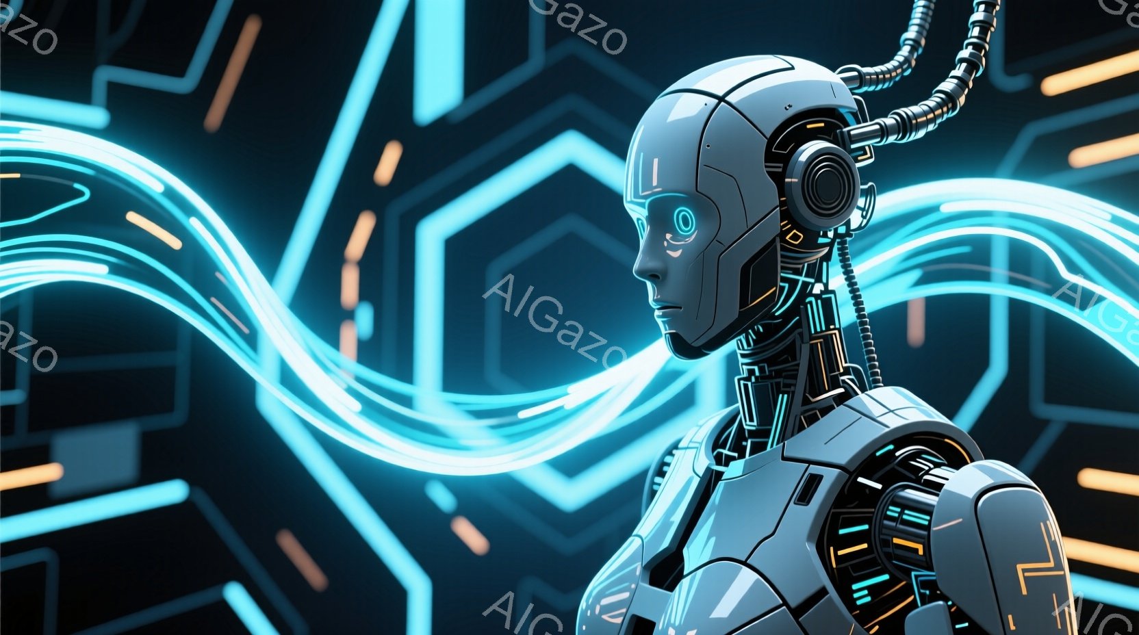 未来的な女性型ロボットが描かれており、滑らかな金属製のボディと、青い光を放つ回路が特徴的です。彼女は青い発光する線が渦巻く背景を背景に、前方を向いて立っており、その表情は冷静で知的な印象を与えます。全体的に、科学技術の進歩と未来的な世界観を感じさせる、クールで洗練された雰囲気です。