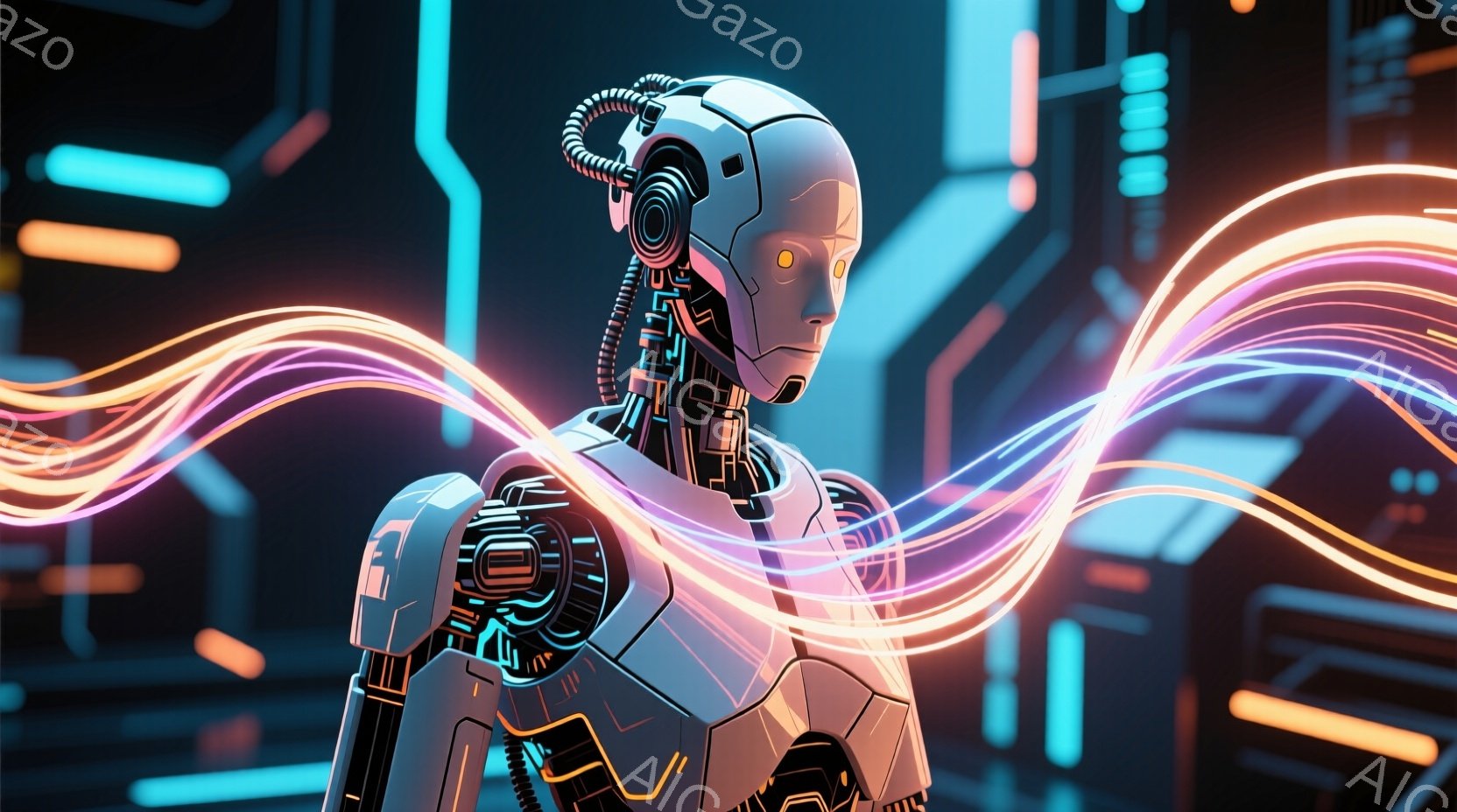 未来的なロボットが、鮮やかな光の線に囲まれて描かれている。ロボットは、滑らかな白い装甲と複雑な内部構造を持ち、まるで生きているかのような表情をしている。背景には、青と紫の光が流れる幾何学的なデザインがあり、未来的な雰囲気を醸し出している。