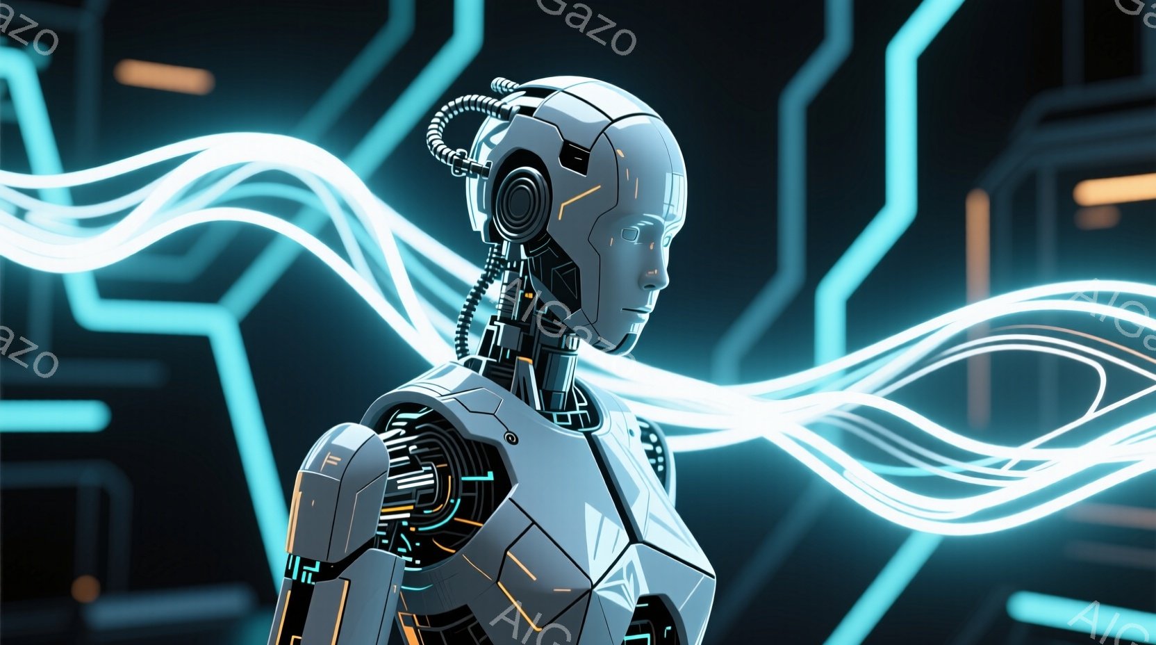 未来的なロボットが描かれています。白い装甲に青い発光ラインが走り、頭部には複雑な構造のヘッドセットが装着されています。背景には青色の回路のような模様が広がり、全体的に近未来的でテクノロジーを感じさせる - AI生成フリー素材