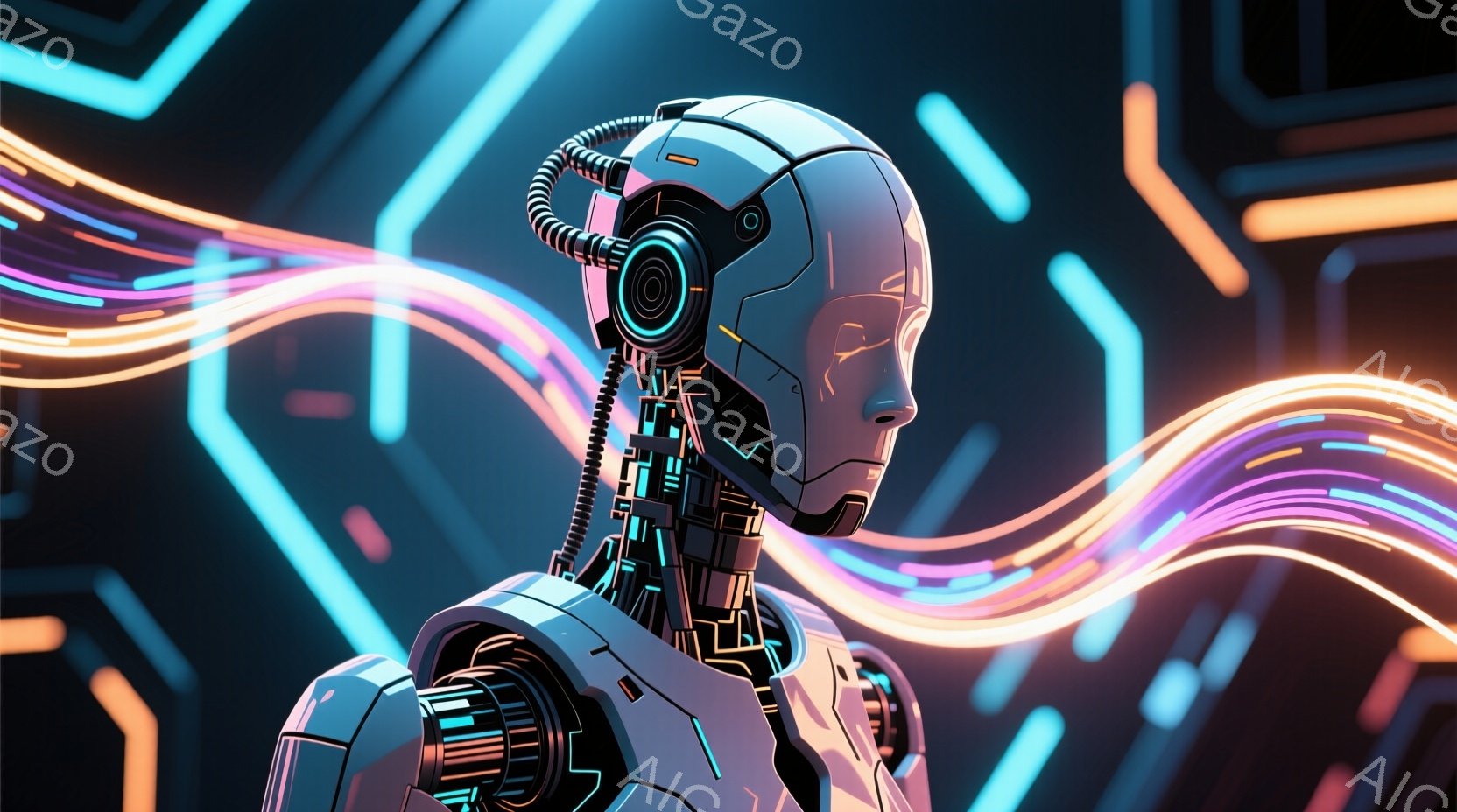 未来的なロボットが、複雑なメカニカル構造を持つ上半身を捉えた画像です。ヘッドセットのような装置を装着し、青と紫の光の線が背景を彩り、サイバーパンクな雰囲気を醸し出しています。全体的に、テクノロジーと未 - AI生成フリー素材