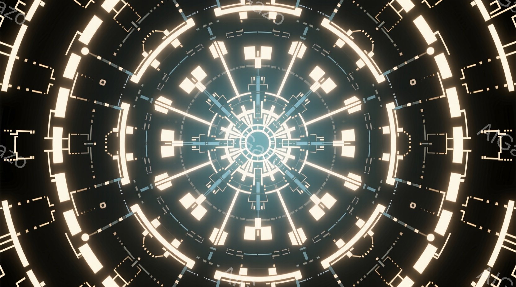 画像は、中心から放射状に広がる複雑な発光する回路パターンで構成されています。青と白の光が、暗い背景を照らし出し、未来的なテクノロジーやサイバー空間を想起させる抽象的な構成を作り出しています。全体として - AI生成フリー素材