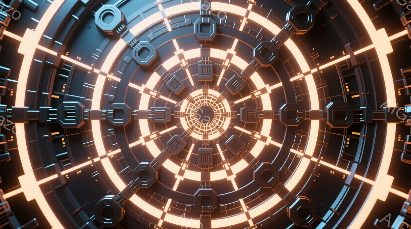 この画像は、複雑な機械的なデザインを中心とした抽象的な表現です。黒色の金属製のフレームが同心円状に配置され、明るいオレンジ色の光が内側から外側に向かって放射状に広がっています。全体的に、未来的なテクノロジーやエネルギーの流れを連想させる、強烈で洗練された雰囲気を醸し出しています。