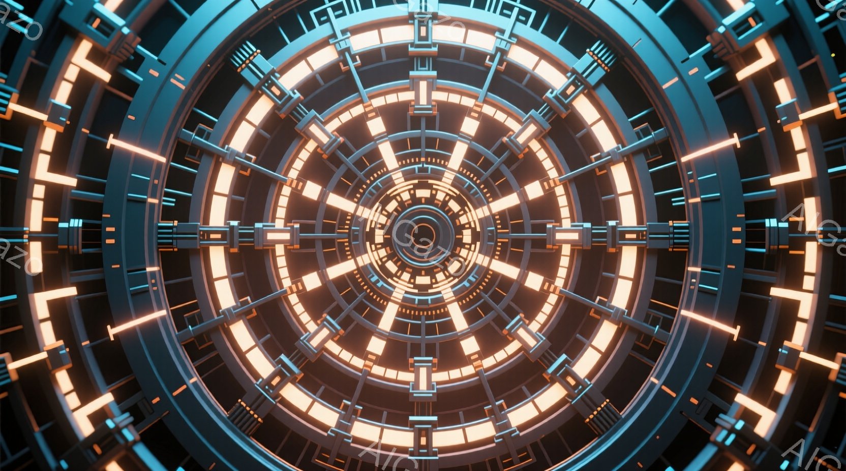 複雑な円形の構造物が、鮮やかなオレンジ色の光で照らされています。複数の同心円状のリングが、テクノロジーと未来的なデザインを想起させ、その中心には暗い穴が開いています。全体として、科学的または産業的な空間の内部構造を表現した、ハイテクで抽象的なイメージです。