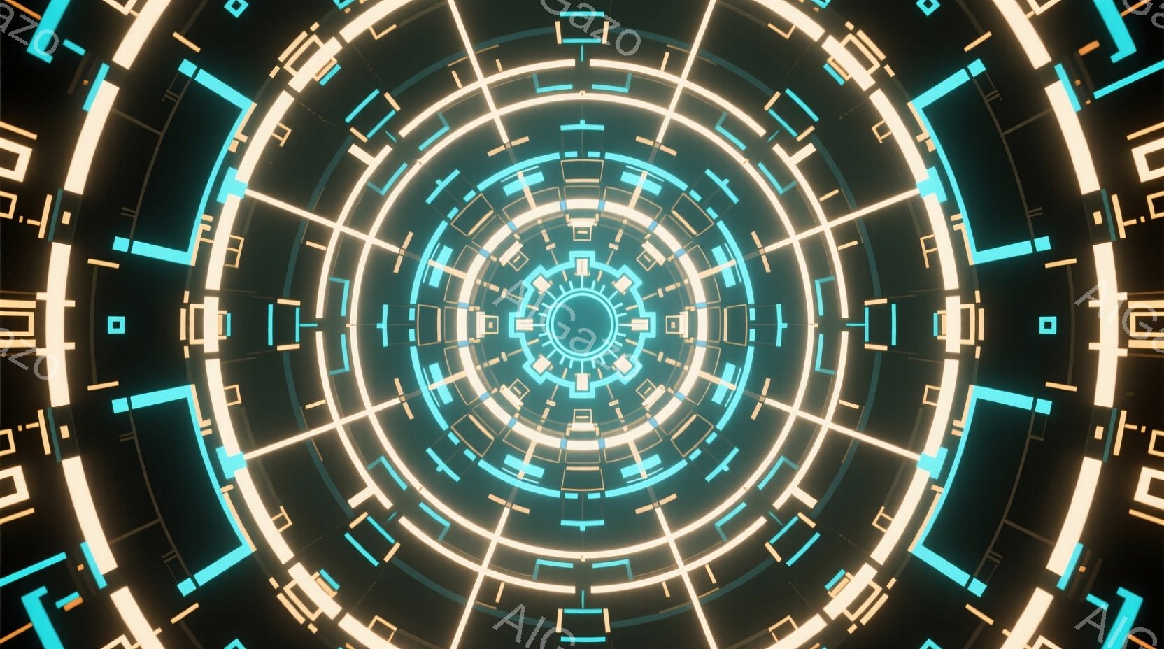 鮮やかなターコイズと金色の光が幾重にも重なり合う、未来的なトンネルのような視覚効果が印象的です。中心から放射状に伸びる線と四角形の光が、無限に続くような奥行きを作り出しています。全体的に、サイバーパンクやデジタル世界を想起させる、クールで神秘的な雰囲気を醸し出しています。