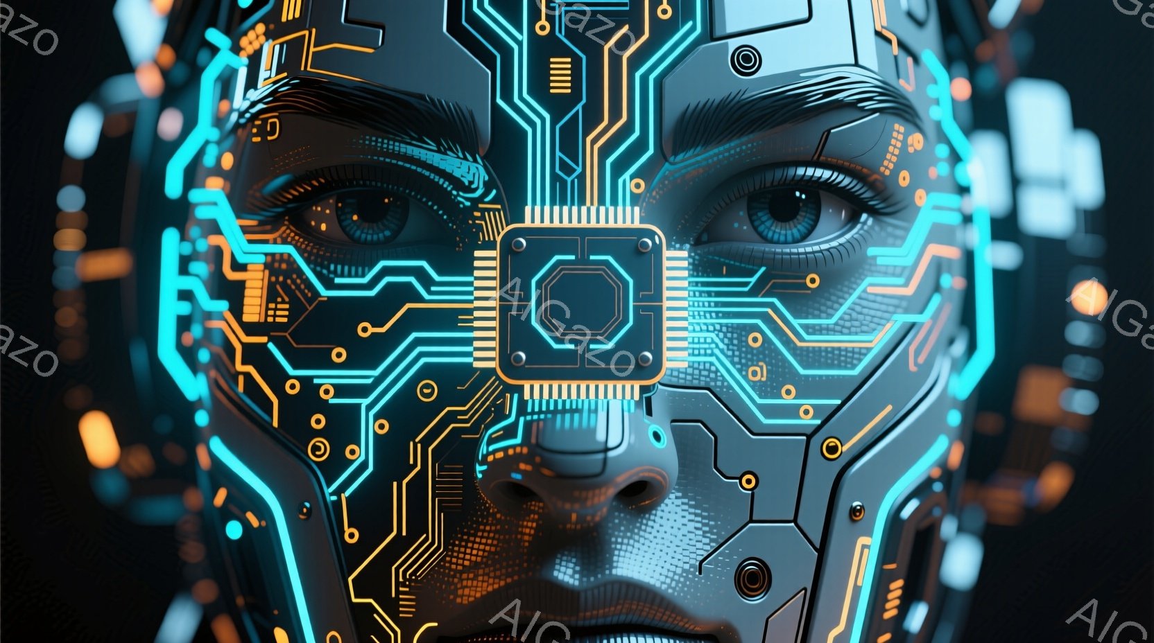 この画像は、複雑な電子回路で覆われた人間の顔のクローズアップです。鮮やかなターコイズブルーのラインとオレンジ色のアクセントが、未来的なロボットのような外観を作り出しています。目はリアルで、強い視線で見る者を捉え、全体としてサイバーパンク的で神秘的な雰囲気を醸し出しています。