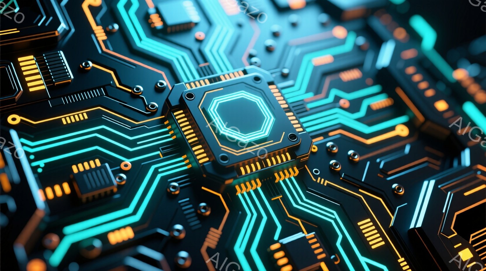 この画像は、複雑な電子回路基板のクローズアップです。鮮やかなネオンブルーとオレンジ色の光が回路を照らし、未来的な雰囲気を醸し出しています。中心部には、六角形のチップが配置され、さらに回路網が広がってい - AI生成フリー素材