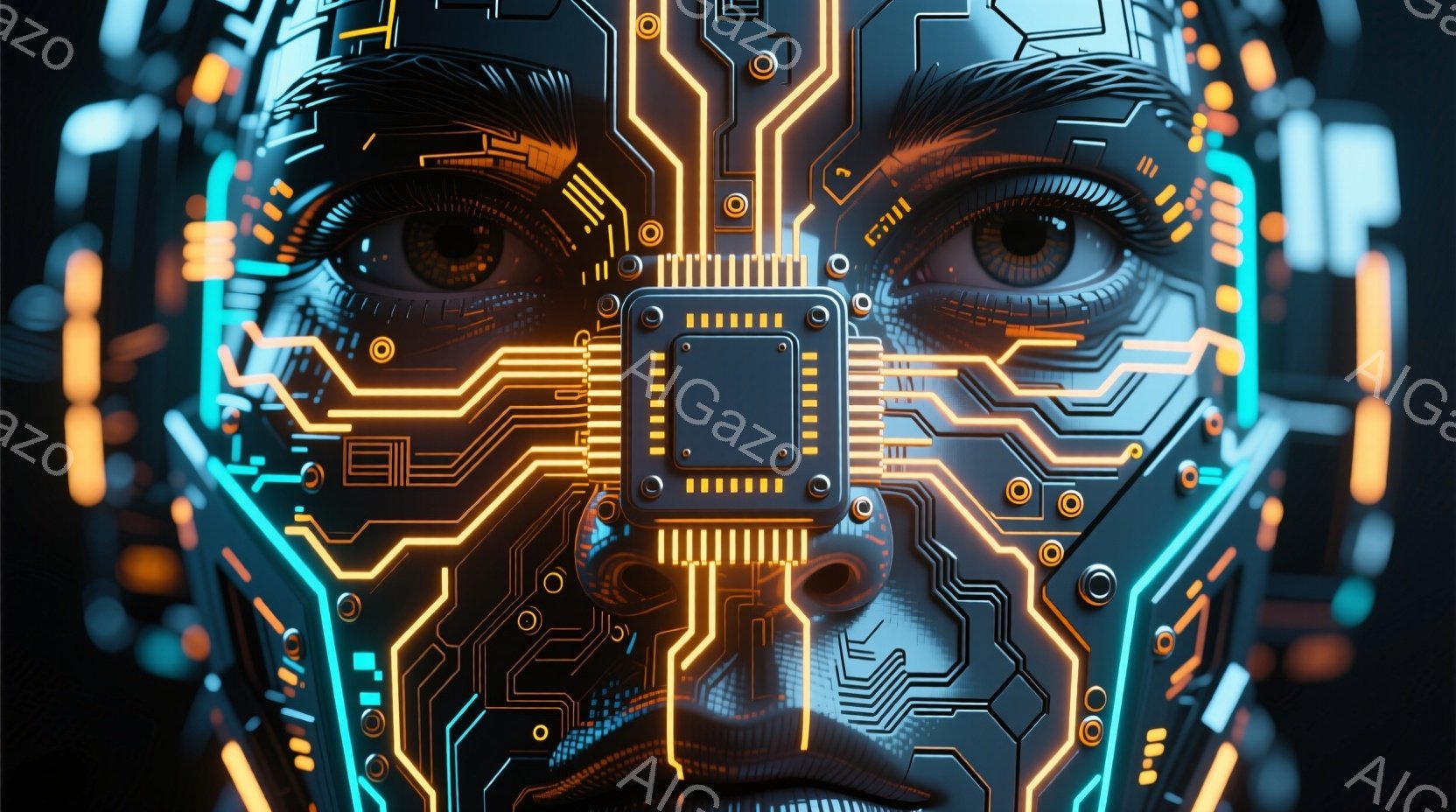 鮮やかな青色の背景に、回路基板のようなパターンで構成された人間の顔が描かれています。目は大きく、リアルで、回路パターンの中に配置されており、未来的な印象を与えます。回路は顔全体に広がり、まるでサイボーグやAIを表現しているかのようです。