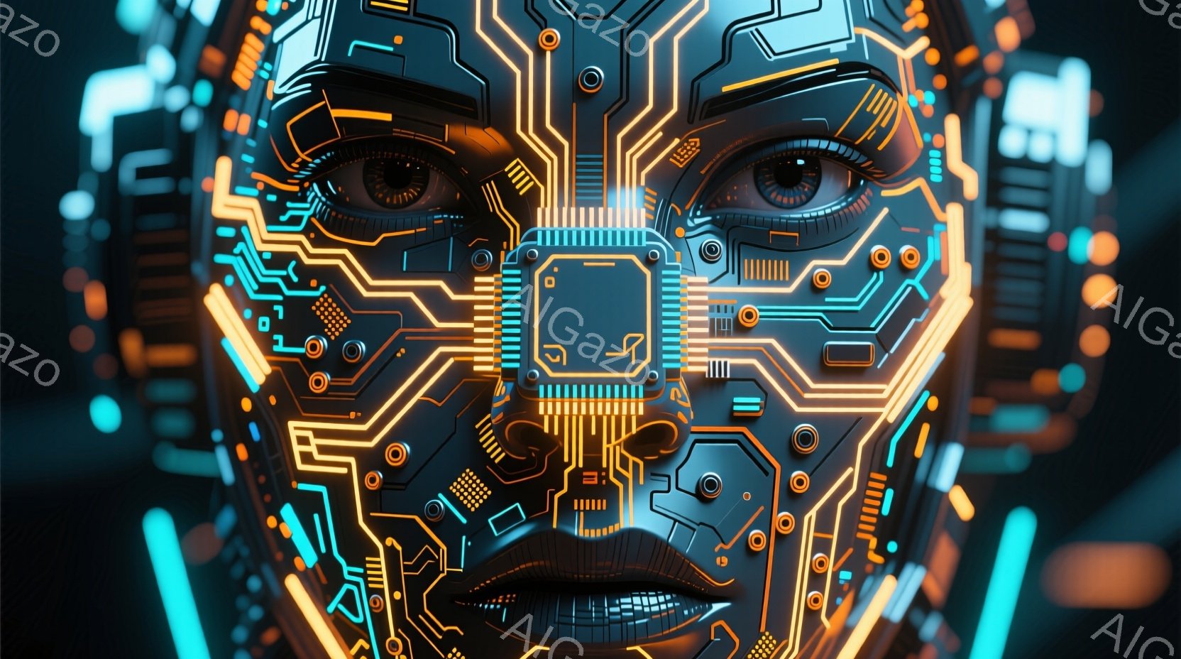 この画像は、回路基板のような線と光で構成された女性の顔のクローズアップです。目はわずかに開いていて、未来的な光沢があります。背景はぼやけており、青い光の線がかすかに見え、全体的にサイバーパンクでテクノ - AI生成フリー素材