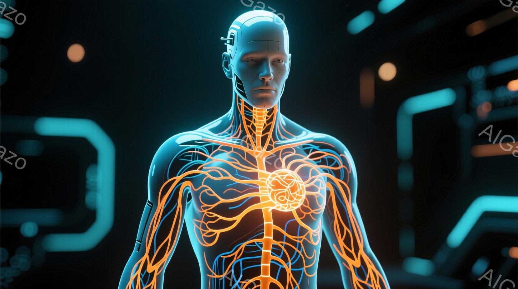 この画像は、未来的なバイオテクノロジーの人間を描いています。彼の体は半透明で、内部の血管や神経回路がオレンジ色と青色に光る複雑なネットワークとして表現されています。背景は暗く、ネオンブルーとオレンジ色の幾何学的な線と形で構成され、SF映画のような雰囲気を醸し出しています。