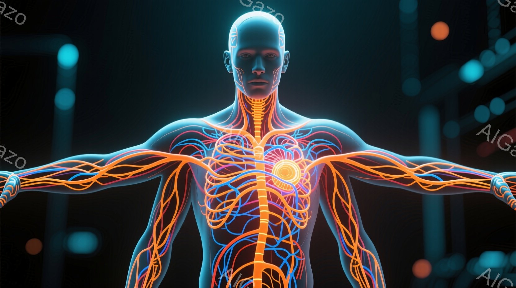 人間の体の内部構造が透けて見えるように表現された男性が描かれています。両腕を広げ、体は青色で、血管や神経のような赤い線と青い線が複雑に絡み合って描かれており、胸の中心部には明るいオレンジ色の光が輝いています。背景は暗く、ぼやけた青い光点があり、未来的な雰囲気を醸し出しています。