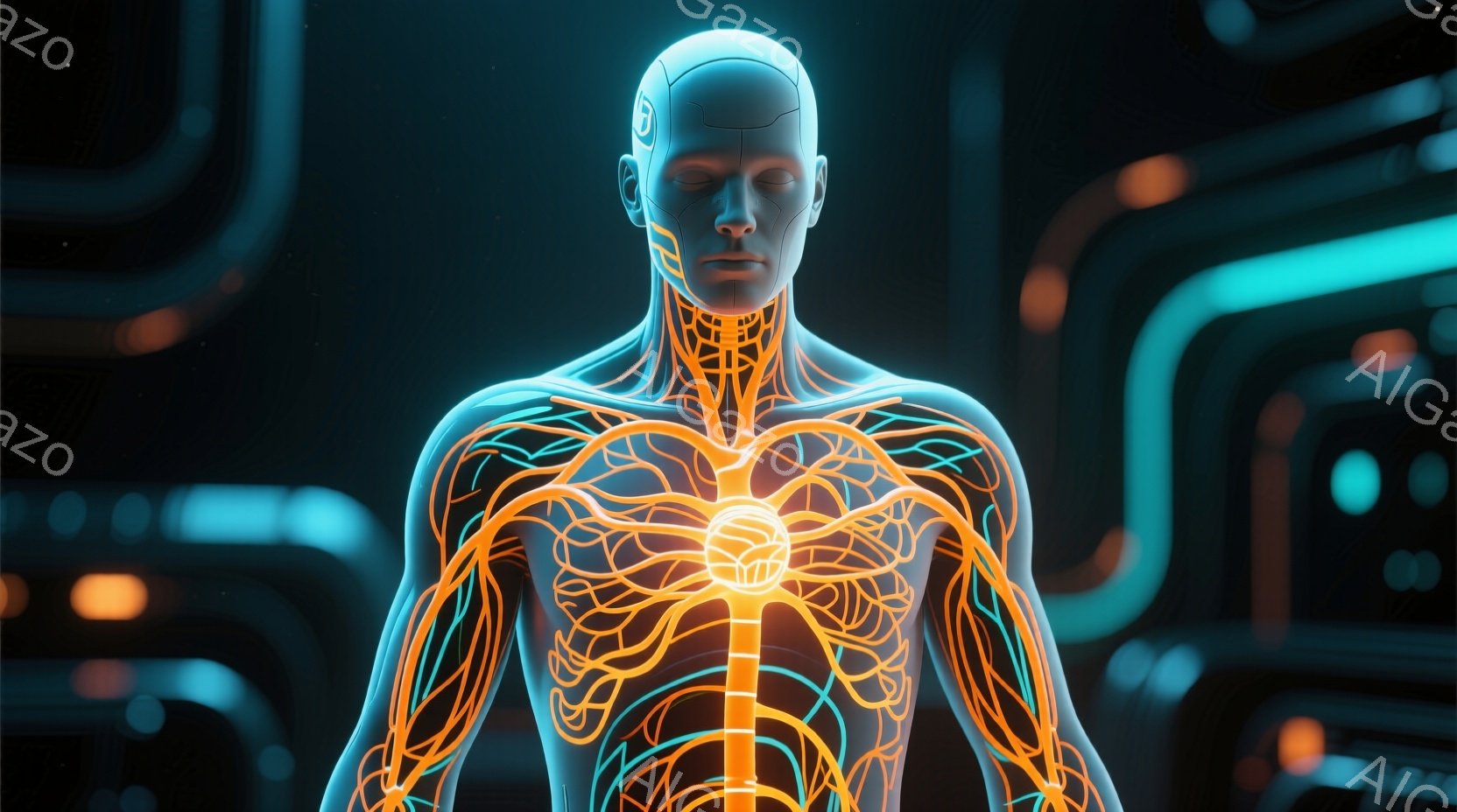 この画像は、未来的な光を放つ人間の上半身を描いています。体の中にはオレンジ色の複雑な血管や神経のようなものが光り輝き、胸の中心部には明るいエネルギーコアがあるように見えます。背景は暗く、サイバーパンク風の回路パターンがぼやけており、技術的で神秘的な雰囲気を醸し出しています。