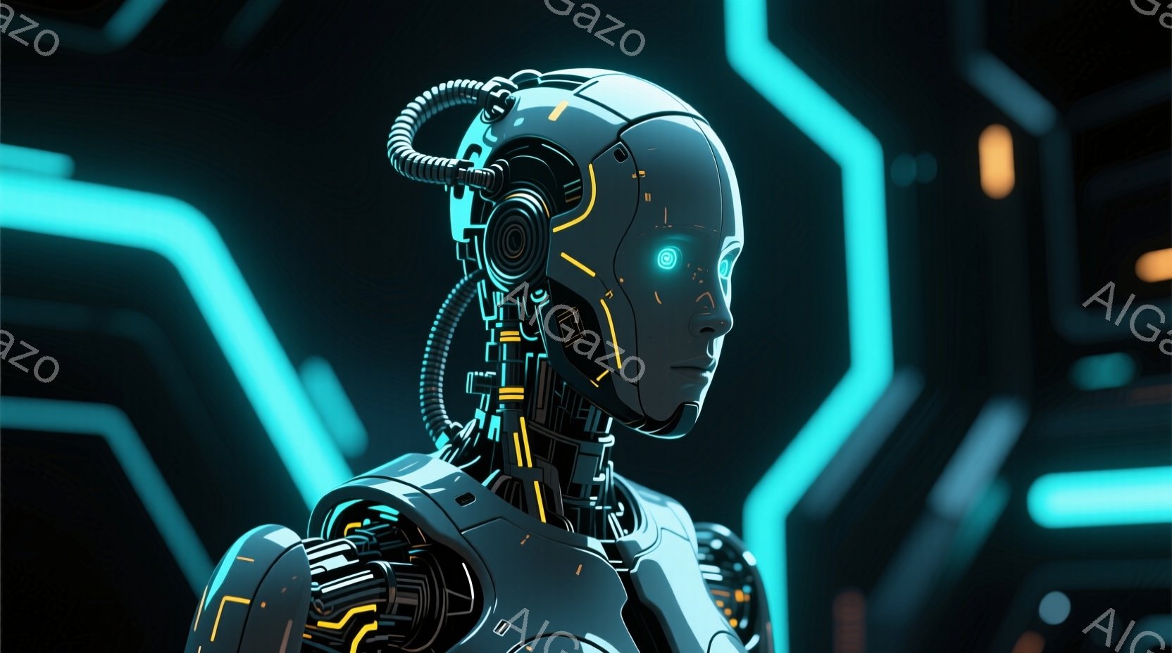 この画像は、未来的なロボットの胸から上の部分を捉えています。ロボットは滑らかな金属製の外装を持ち、金色の配線とメカニカルなディテールが組み込まれています。背景には、鮮やかな青色の発光する幾何学模様が描かれており、未来的でテクノロジーに満ちた雰囲気を醸し出しています。