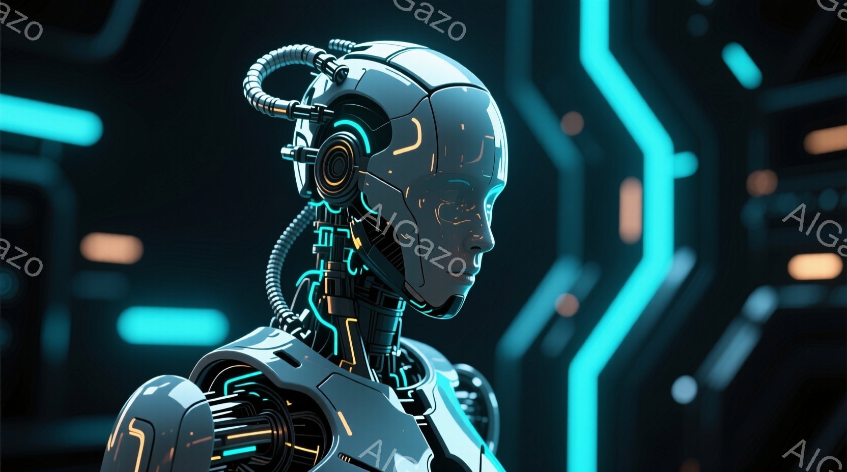 この画像は、未来的な女性型ロボットの胸から上を捉えたものです。ロボットは滑らかな白い装甲で覆われ、複雑な内部メカニズムが一部露出しています。背景には青い発光ラインが走り、SF映画のような雰囲気を作り出 - AI生成フリー素材