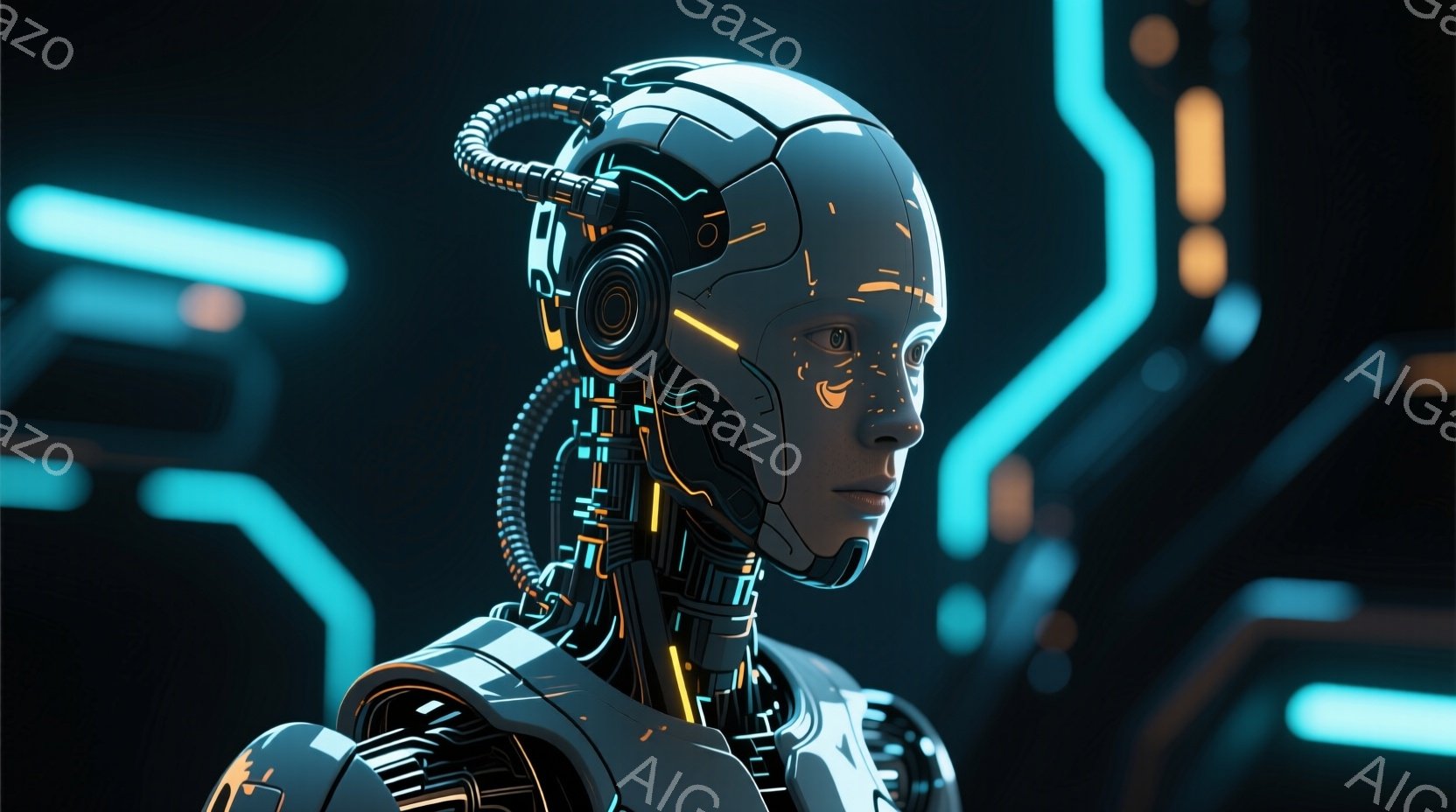 未来的なロボットの胸像が描かれている。滑らかな金属製の頭部には複雑な回路が組み込まれ、輝くオレンジ色の光が流れている。背景は暗く、ネオンブルーとオレンジのラインがサイバーパンクな雰囲気を醸し出している。