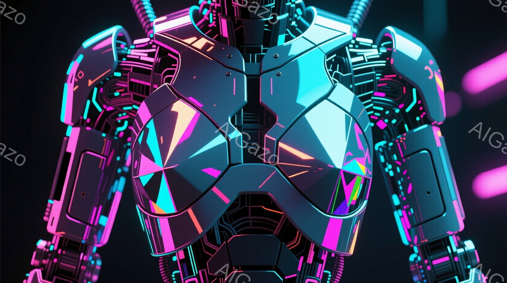 この画像は、未来的なサイバーパンク風のロボットの胸部と肩部を描写している。鮮やかなネオンピンクと水色のラインが複雑な幾何学模様を描き、暗い背景に浮かび上がっている。ロボットは前方を向き、高揚感と技術的な洗練さを感じさせる。