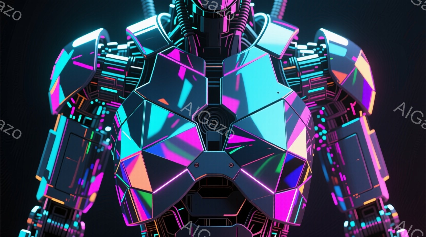 この画像は、未来的なロボットの胸部と肩部のアップです。鮮やかなネオンピンク、青、紫のラインが、幾何学的な装甲に複雑に光り、メカニカルなディテールが強調されています。暗い背景が、ロボットの光る装甲を際立たせ、サイバーパンクのような雰囲気を醸し出しています。