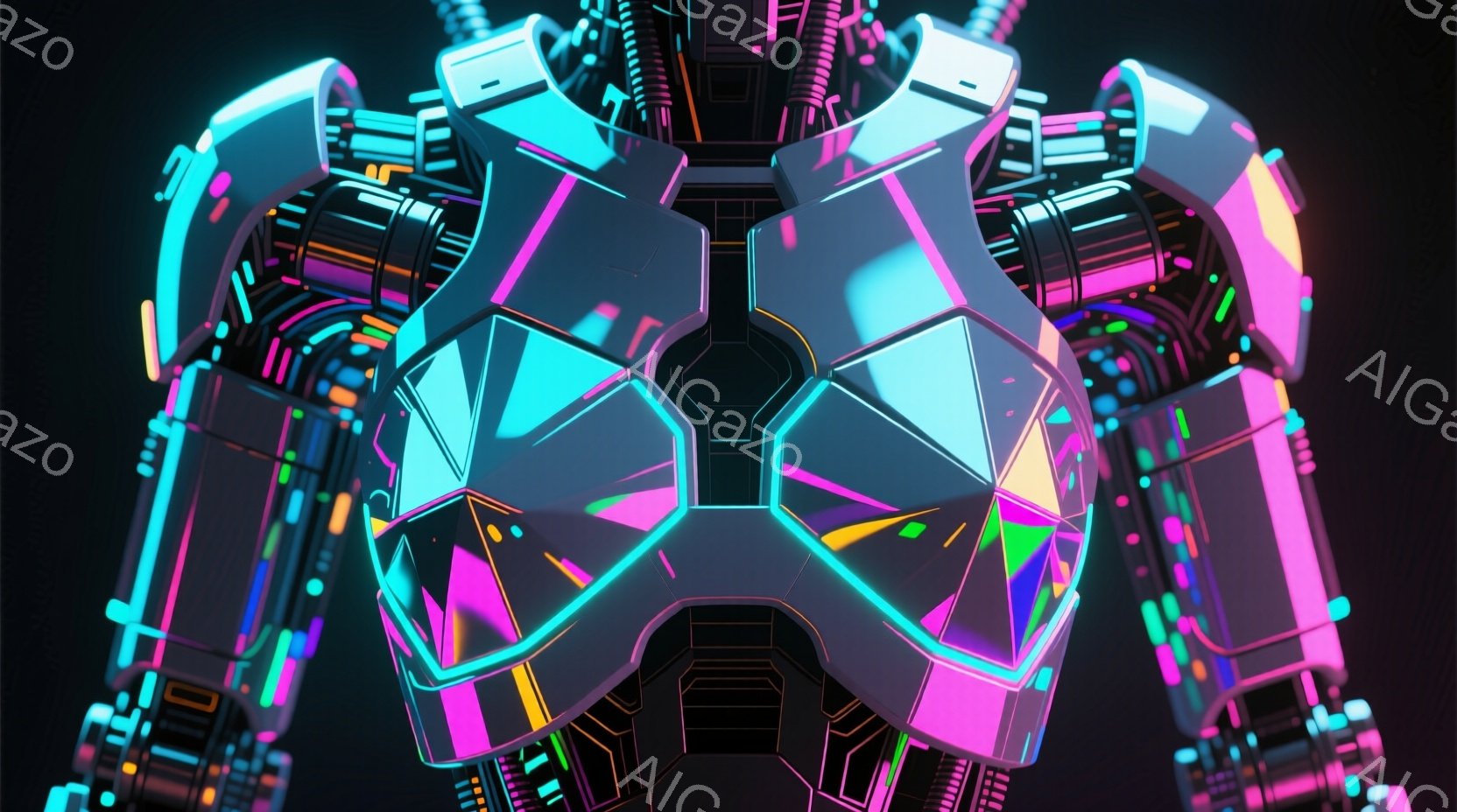 画像は未来的なロボットの胸部と肩部のクローズアップです。鮮やかなネオンカラーのラインが複雑な回路のように走り、黒い背景に浮かび上がっています。全体的にサイバーパンク的で、エネルギーに満ちた雰囲気です。