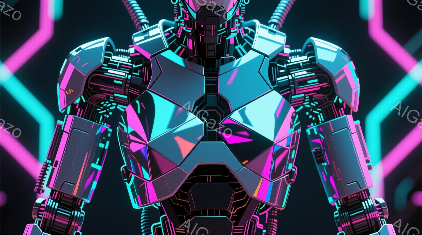 この画像は、ネオンカラーの未来的なロボットの胸部と肩部を正面から捉えたものです。滑らかな金属製のボディは、青とピンクの鮮やかな光で照らされ、複雑な配線とパネルが組み込まれています。背景には、ネオンピンクの幾何学模様が光り、近未来的な雰囲気を強調しています。