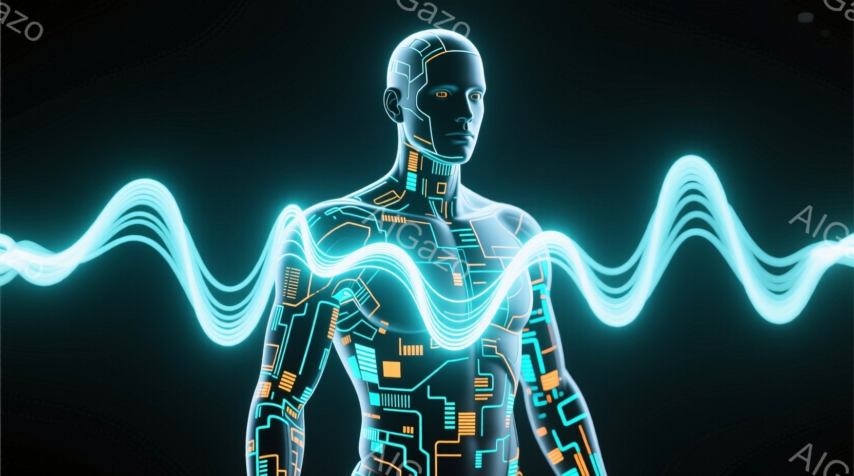 この画像は、未来的な回路パターンが身体に組み込まれた男性のシルエットを描いています。彼は正面を向き、わずかに上目線で、表情は無表情です。背景は暗いグレーで、明るいターコイズブルーの波のような光が彼の身 - AI生成フリー素材