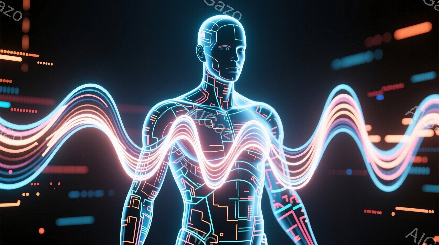 この画像は、未来的なサイバーパンク風の男性のシルエットを描いています。彼の体は光る線と回路パターンで構成されており、まるでテクノロジーと人間が融合したような印象を与えます。背景には、カラフルな光の帯が放射状に広がり、高科技で躍動感のある雰囲気を醸し出しています。