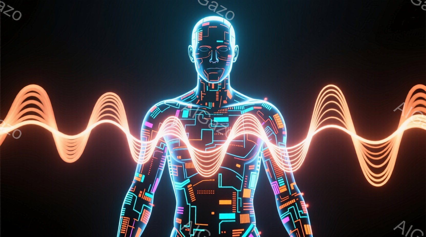 鮮やかなネオンブルーで描かれた人間のシルエットが、複雑な回路パターンで覆われています。体は未来的な技術を表現しており、オレンジ色の波のような光が体の周りを放射状に広がっています。背景は暗く、人物の技術 - AI生成フリー素材