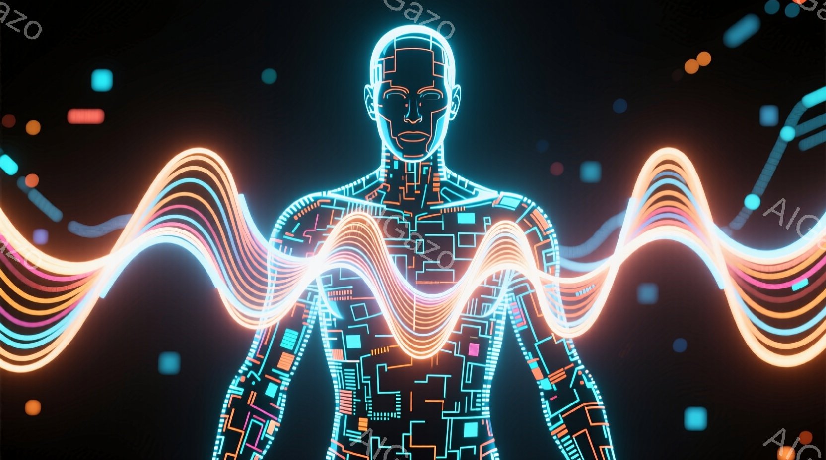 この画像は、回路基板のようなデザインで構成された人型のシルエットが描かれています。その人物の周囲には、鮮やかな色彩の光の波が放射状に広がっており、未来的な印象を与えます。暗い背景に散りばめられた小さな光点は、宇宙空間やデジタル空間を連想させます。