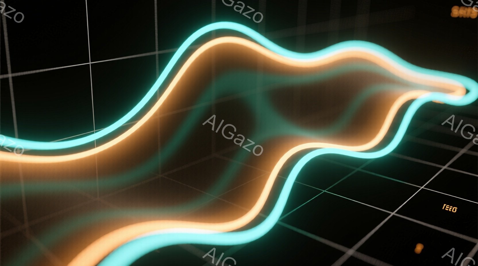 鮮やかな水色とオレンジ色の光の線が、格子状の暗い背景の上を蛇行している。光の線は、まるでエネルギーの流れや波形を表現しているかのように、曲線を描きながら空間を駆け巡っている。全体的に未来的な雰囲気で、 - AI生成フリー素材