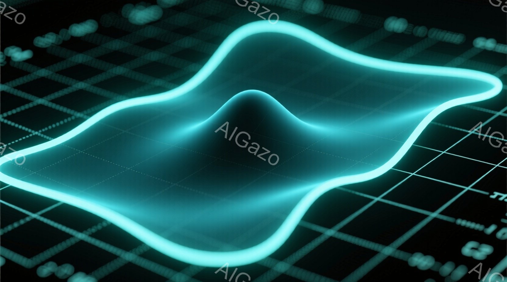 鮮やかなターコイズブルーの光の線が、暗いグリッド状の背景に浮かび上がり、複雑な波状の形をしています。その光は中心に向かって濃くなり、まるでエネルギーが集中しているかのような印象を与えます。グリッド状の背景は、この光の構造が何らかのデジタル空間や科学的なシミュレーションの一部であることを示唆しています。