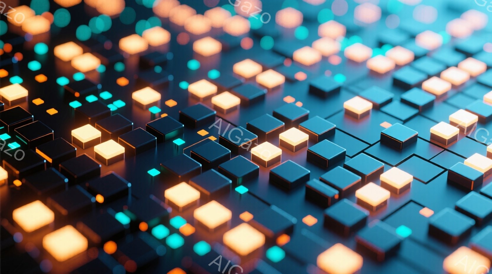 この画像は、無数の小さな立方体が敷き詰められた抽象的なテクスチャを描いています。 立方体は黒とオレンジ色の光を放ち、まるでデジタル回路や電子基板のようであり、未来的な雰囲気を醸し出しています。 全体的に、デジタル世界やテクノロジーを想起させる鮮やかなイメージです。