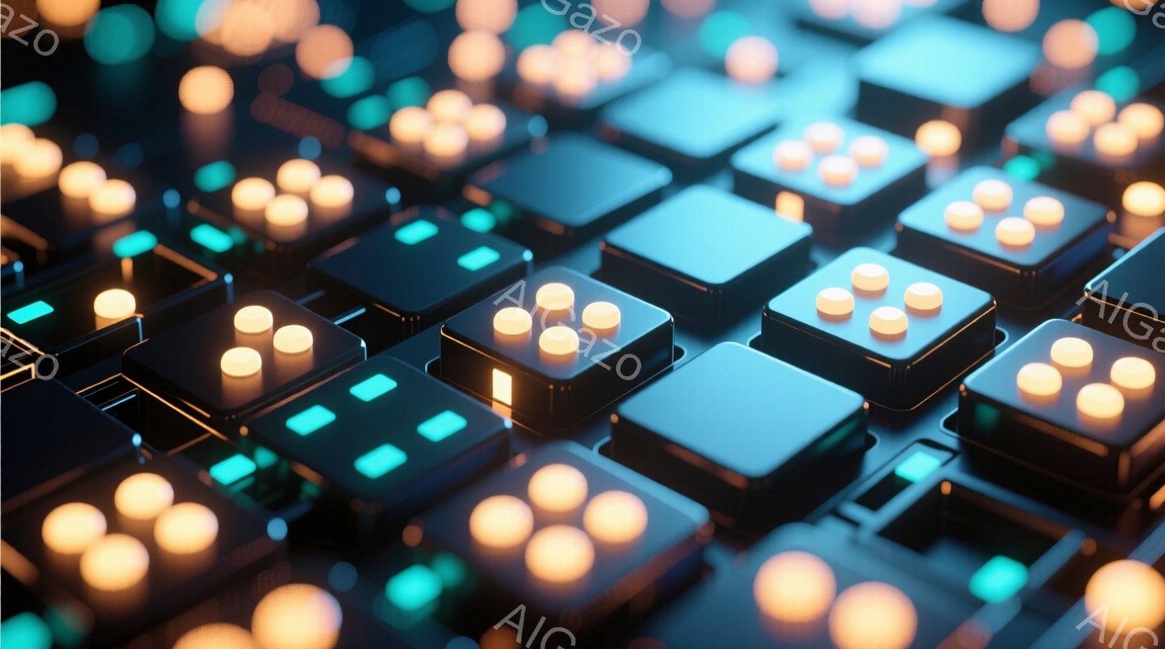 この画像は、光沢のある黒い立方体が規則的に並んだ、近未来的なデジタル回路のようなテクスチャを示しています。各立方体には、明るい黄色の球体とターコイズ色の小さな立方体が組み込まれており、まるで複雑な電子 - AI生成フリー素材