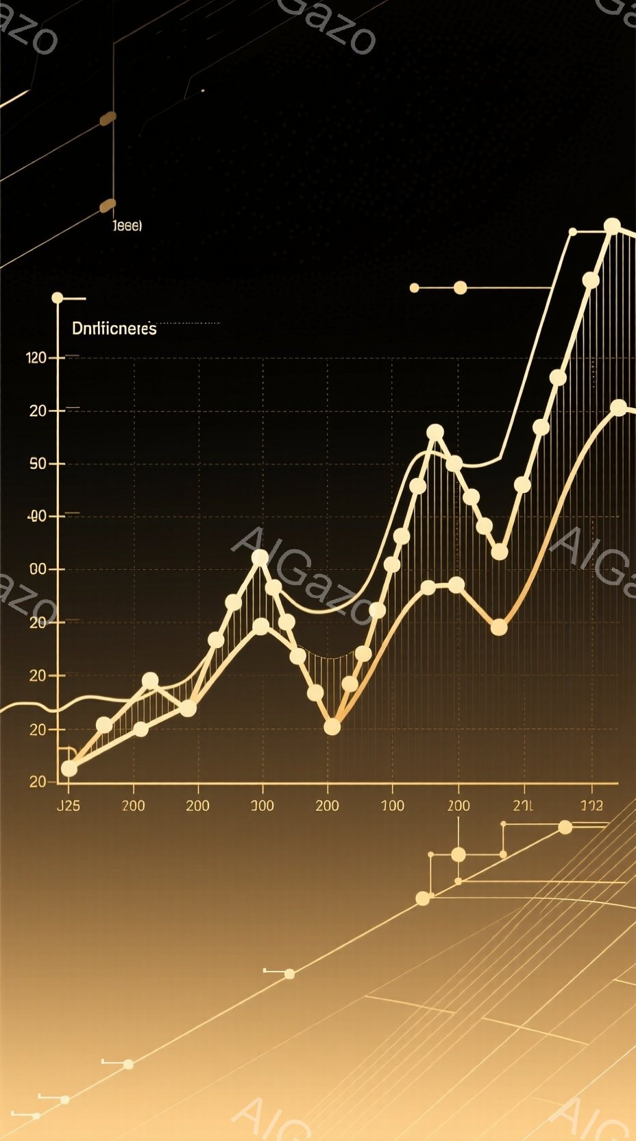 この画像は、グラフが複数の線で構成された抽象的なものです。線はそれぞれ異なる高度で始まり、徐々に増加または減少しながら互いに交差しています。背景は暗い色調で、グラフの線が強調されています。