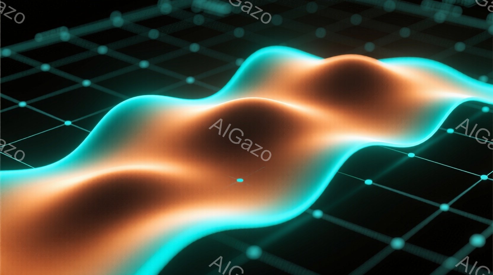 鮮やかなターコイズブルーのグリッド状の背景に、オレンジと茶色の滑らかな曲線がうねるように配置されています。曲線は光沢があり、まるで液体金属のような質感で、光を反射しています。全体的に未来的な雰囲気で、抽象的なエネルギーの流れやデータストリームを想起させます。