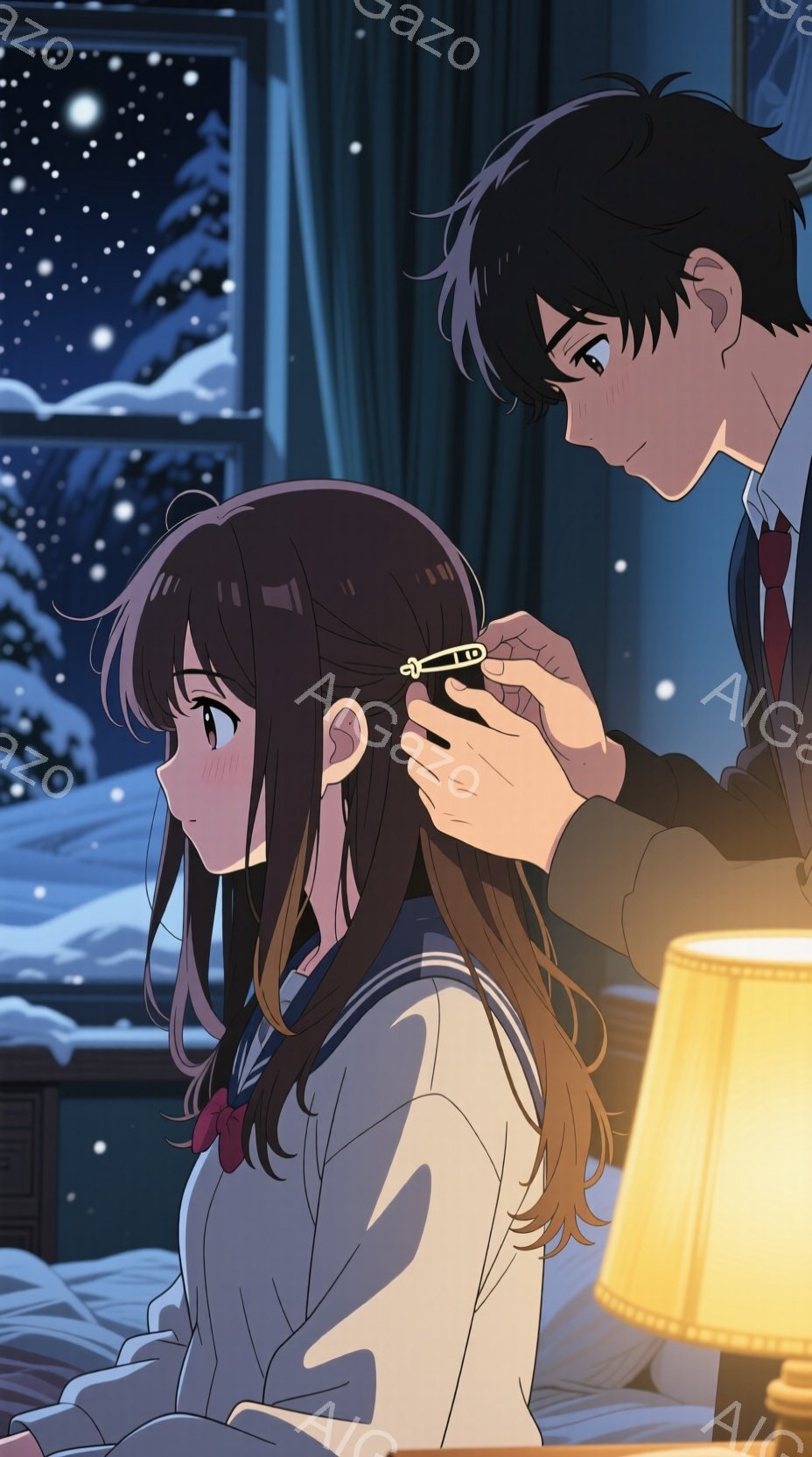 女の子が制服を着ており、髪は長い黒髪で、リボンが付いている。彼女の顔には少し赤みがあり、少し照れた表情をしている。彼女の隣には、黒髪の男性が立っており、彼女に髪の毛を整えている。背景には雪が積もった木々と窓があり、外は雪が降っている。部屋の照明は暖かく、静かな雰囲気がある。