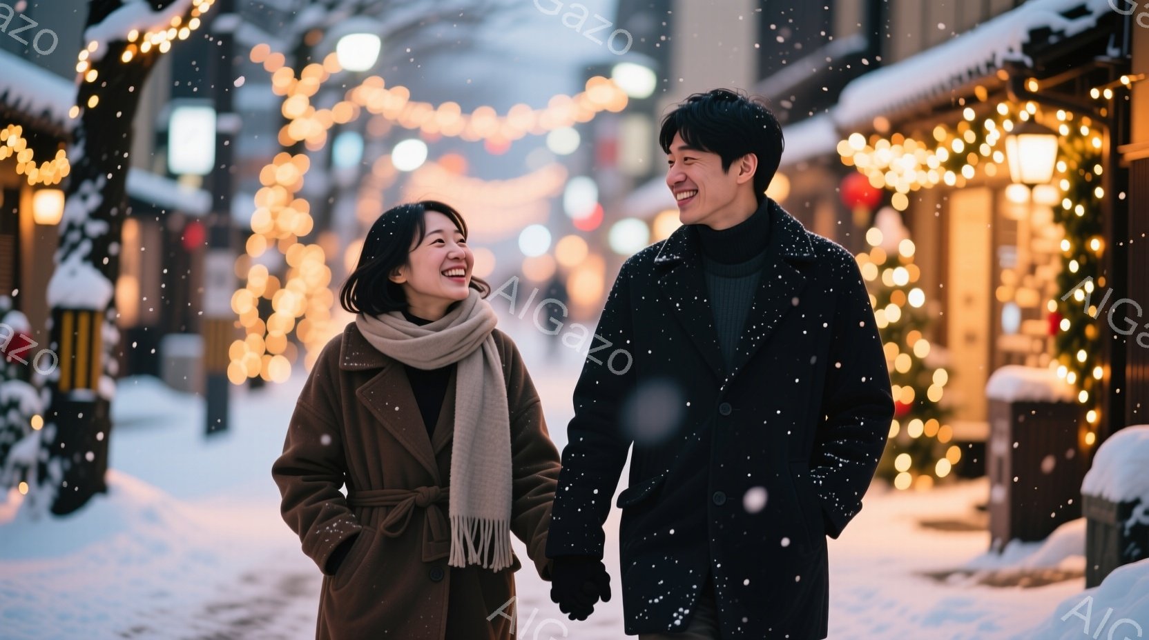 雪が降る冬の街角で、男女のカップルが手をつないで歩いている。女性は茶色のコートと白いスカーフを着ており、男性は黒いコートを着ている。二人とも笑顔で、女性は目を細めて、男性は口元を上げて笑っている。背景 - AI生成フリー素材
