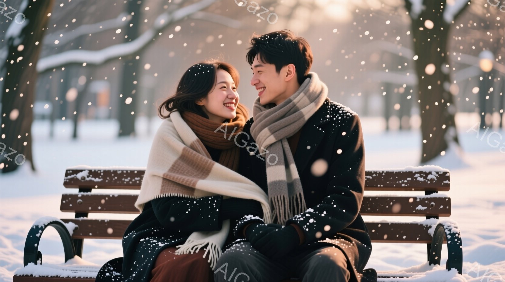 二人のカップルが雪の降る公園のベンチに座っている。男性は黒いコートとグレーのスカーフを着ており、女性は茶色のコートとオレンジのスカーフを着ている。二人とも笑顔で、お互いを見つめている。背景には雪に覆われた木々と建物があり、雪が降っている。