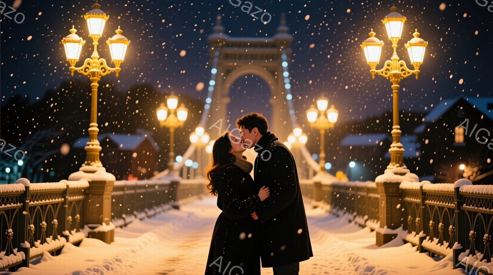 雪が降る夜の橋の上に、カップルが立っています。男性は黒いコートを着ており、女性は長い茶色の髪と黒いコートを着ています。二人はお互いを抱きしめ、キスを交わしています。背景には雪に覆われた建物と街灯があり、雪が降っている様子が見られます。