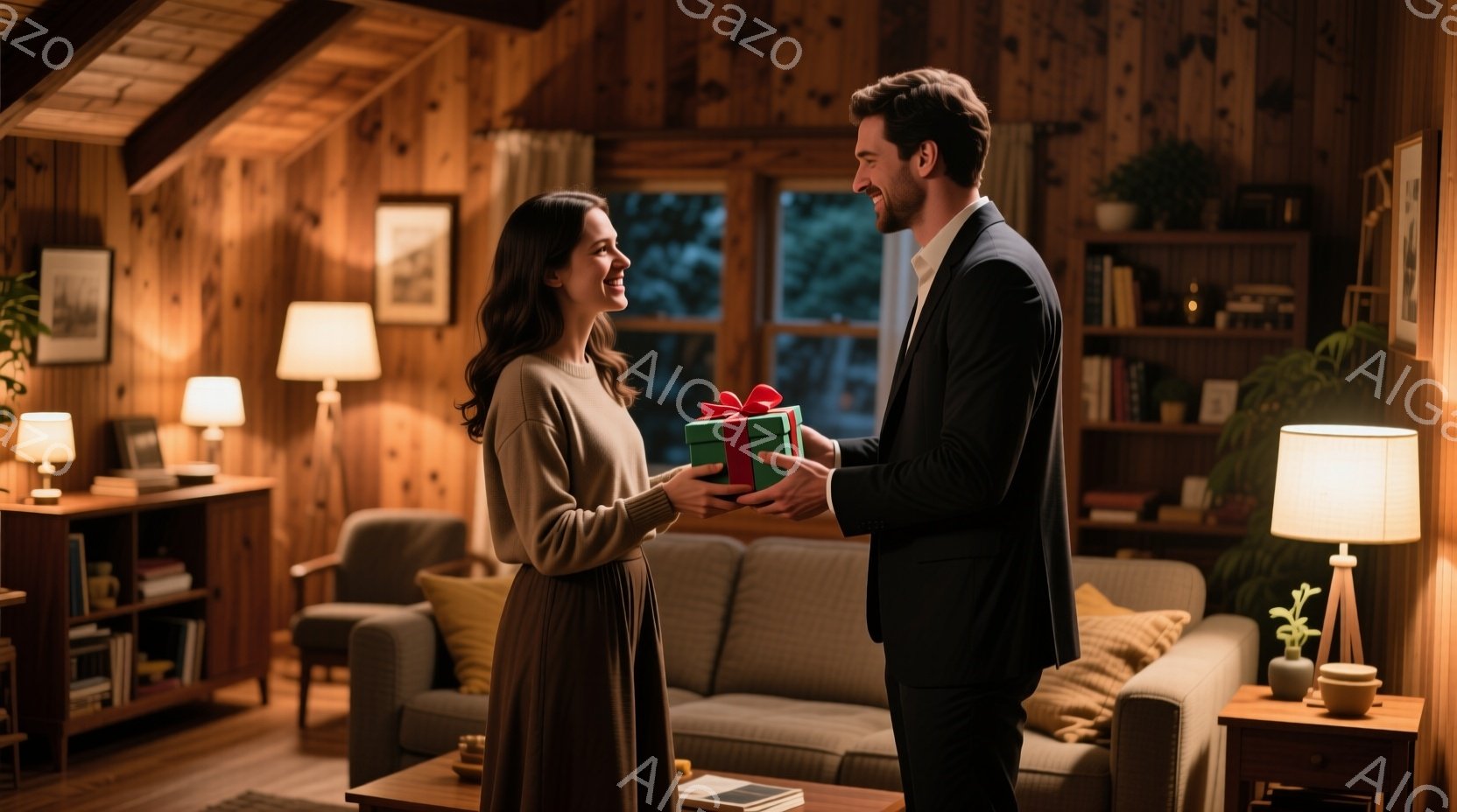 二人の人物が木製の壁と家具で飾られた室内に立っています。男性は黒いスーツを着ており、女性は茶色のセーターとスカートを着用しています。男性は女性にプレゼントを渡し、女性は喜びの表情を浮かべています。部屋にはソファ、テーブル、ランプ、本棚、植物などが配置されており、暖かい照明が室内を照らしています。
