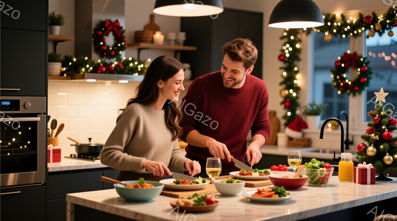 キッチンで料理をするカップルが描かれています。女性は茶色のセーターを着ており、長い髪を後ろで束ねています。男性は赤いセーターを着ており、髪は茶色で短めです。二人とも笑顔で、料理に集中しています。背景にはクリスマスの装飾が施されており、壁にはクリスマスリースが飾られています。テーブルには野菜の盛り付けやフルーツ、ジュースなどが並んでおり、クリスマスの雰囲気が漂っています。