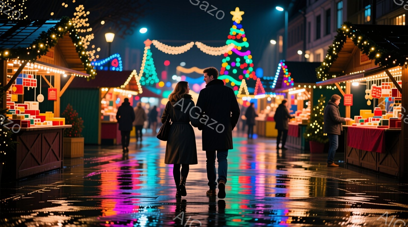 夜のクリスマスマーケットで、カップルが手をつないで歩いている。女性は長い髪で、黒いコートを着ており、男性は黒いコートと青いジーンズを着ている。背景には色とりどりのイルミネーションが飾られた木々やブースがあり、建物は明かりで照らされている。雨が降っているように見え、地面には反射している光が見える。