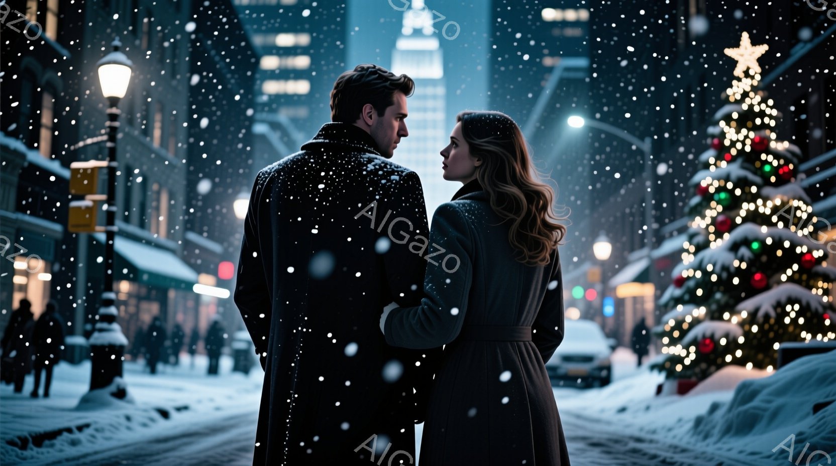 雪が降る夜の街角で、男性と女性が向かい合って立っています。男性は黒いコートを着ており、女性は長い茶色の髪と黒いコートを身にまとい、二人は互いに見つめ合っています。背景には街灯が点灯し、建物の窓からは光 - AI生成フリー素材