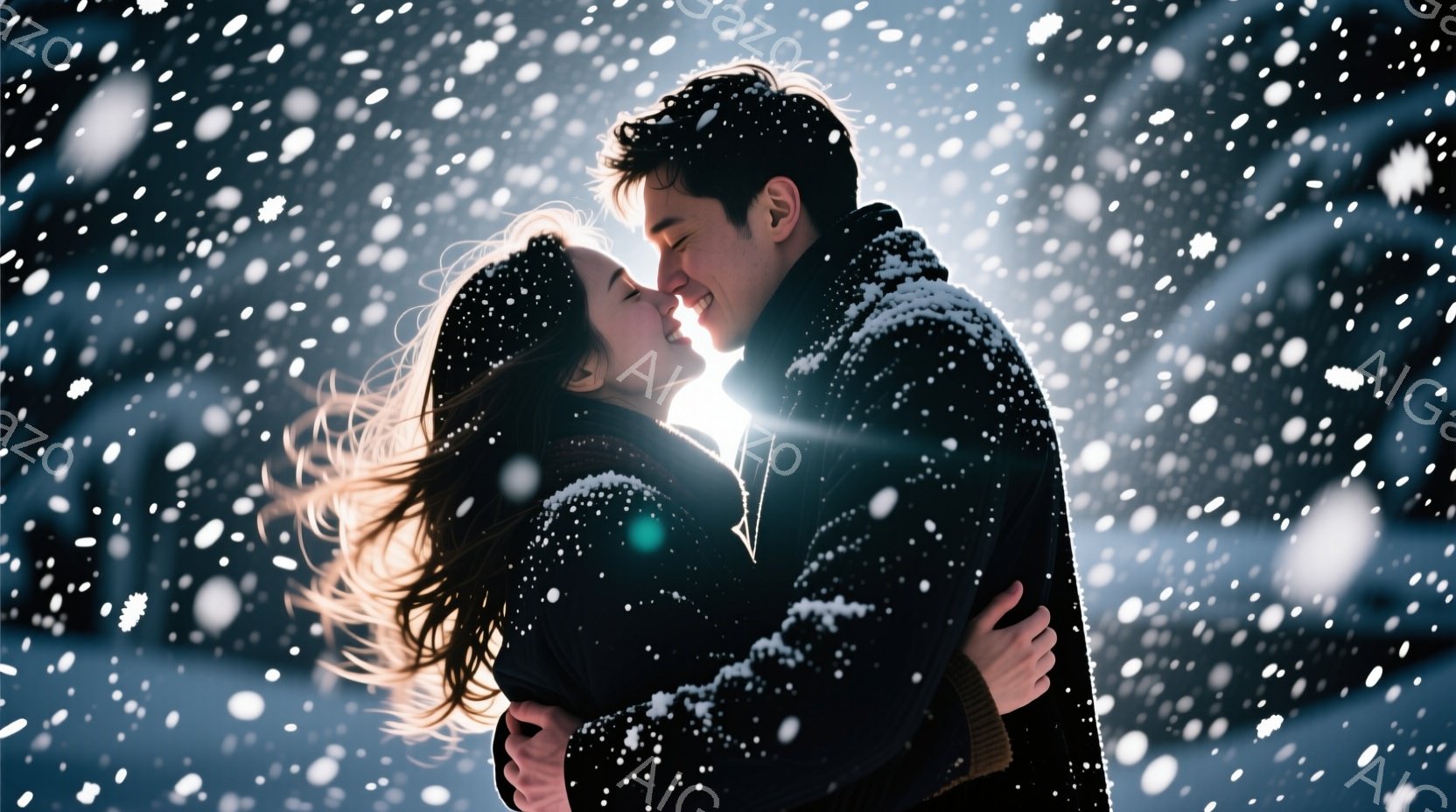 雪が降る冬の夜に、カップルが抱き合っている様子が描かれています。男性は黒いコートを着ており、女性は長い金髪が風に吹かれています。二人とも笑顔で、幸せそうな表情を浮かべています。背景には雪が舞い、光が差し込んでおり、幻想的な雰囲気を醸し出しています。