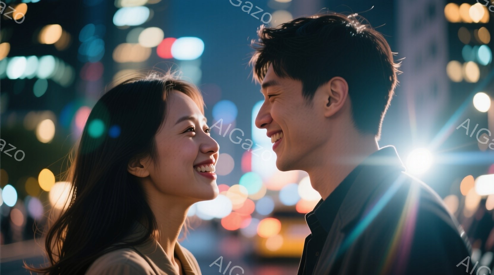 二人の若者が夜の街灯の光に照らされて微笑んでいます。女性は長い黒髪で、男性は短い黒髪です。背景にはぼんやりとした建物の光が見え、都会の夜景が感じられます。彼らは互いに近づき、幸せそうに見えて、親密な関係を示しています。