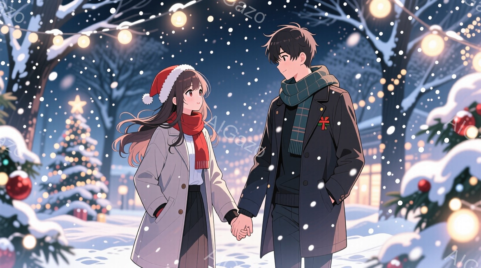 雪が降る冬の夜に、カップルが手をつないで歩いている。女性は赤いサンタ帽をかぶり、長い黒髪を流し、白いコートと赤いスカーフを着ている。男性は黒髪で、青いジャケットと青緑色のチェック柄スカーフを身につけている。二人は微笑みながら、雪が降る静かな公園を歩いている。背景にはクリスマスツリーと装飾された木々があり、街灯の光が雪に反射して幻想的な雰囲気を作り出している。