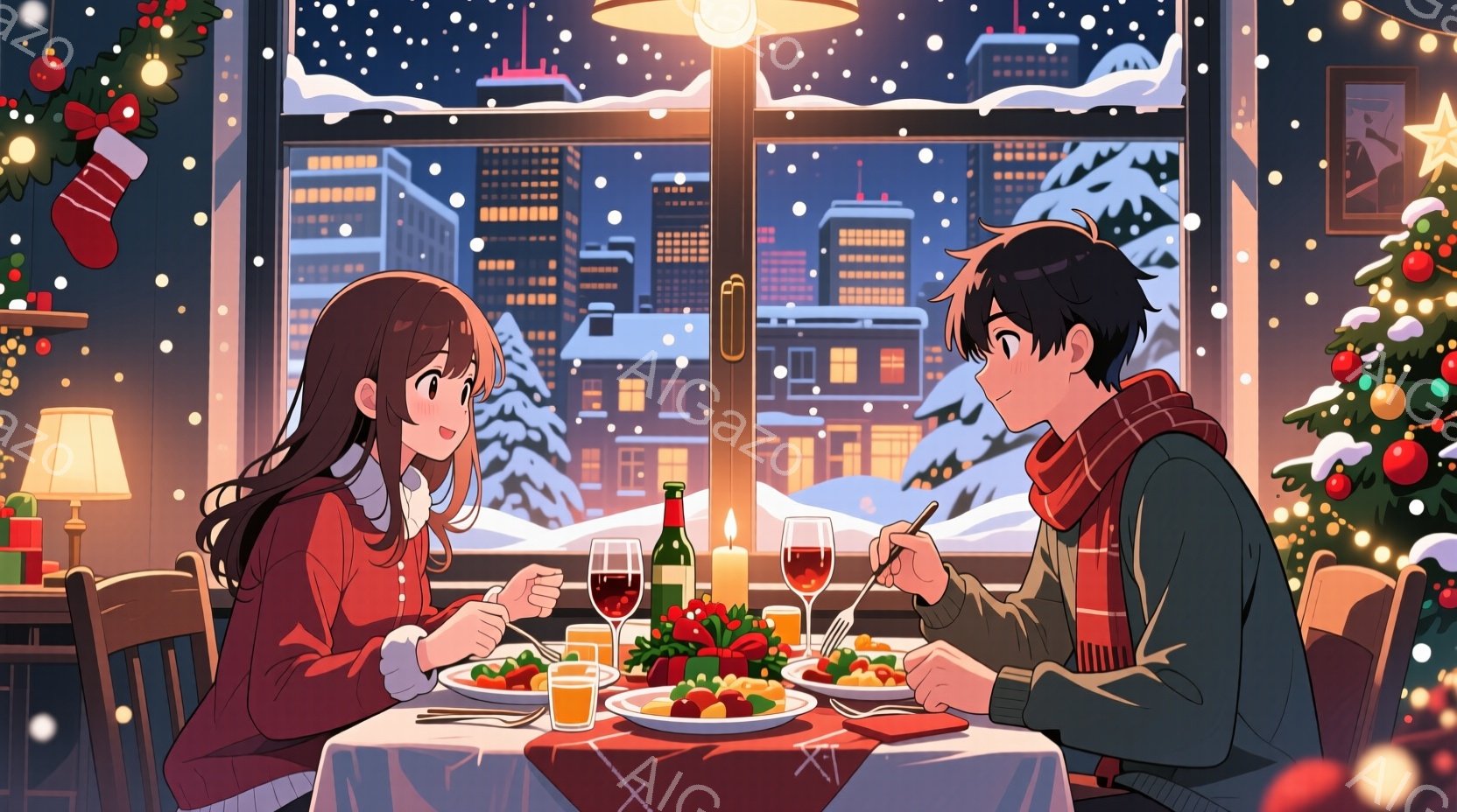 二人のキャラクターが、クリスマスツリーと雪景色が見える窓際で食事をしている。女性は赤いセーターを着ており、長い茶色の髪を肩まで垂らしている。男性は黒い髪で、赤いスカーフを巻いており、緑色のジャケットを着ている。二人とも笑顔で、食事を楽しんでいる様子が描かれている。