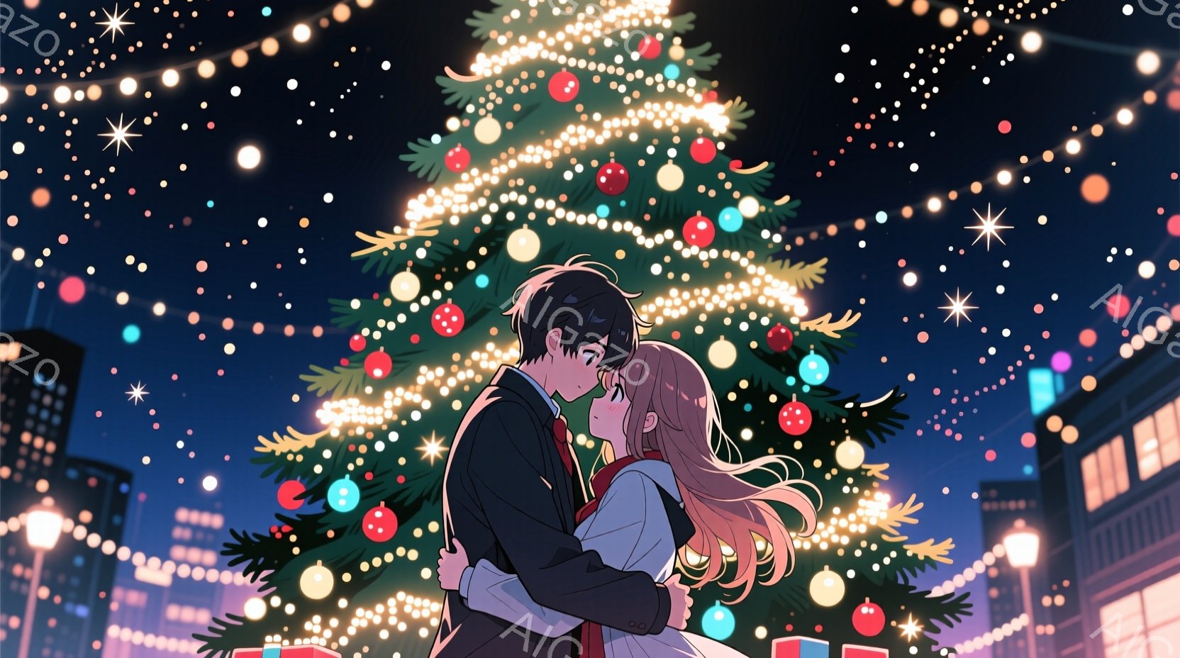 クリスマスツリーの前で、二人のキャラクターが抱き合っている。男性は黒い髪で、女性は長い茶色の髪を持つ。男性は青いジャケットを着ており、女性は白いブラウスと赤いスカートを着用している。背景には街の夜景があり、建物の窓が光り輝いている。クリスマスツリーは色とりどりの装飾が施され、星形のライトが点在している。