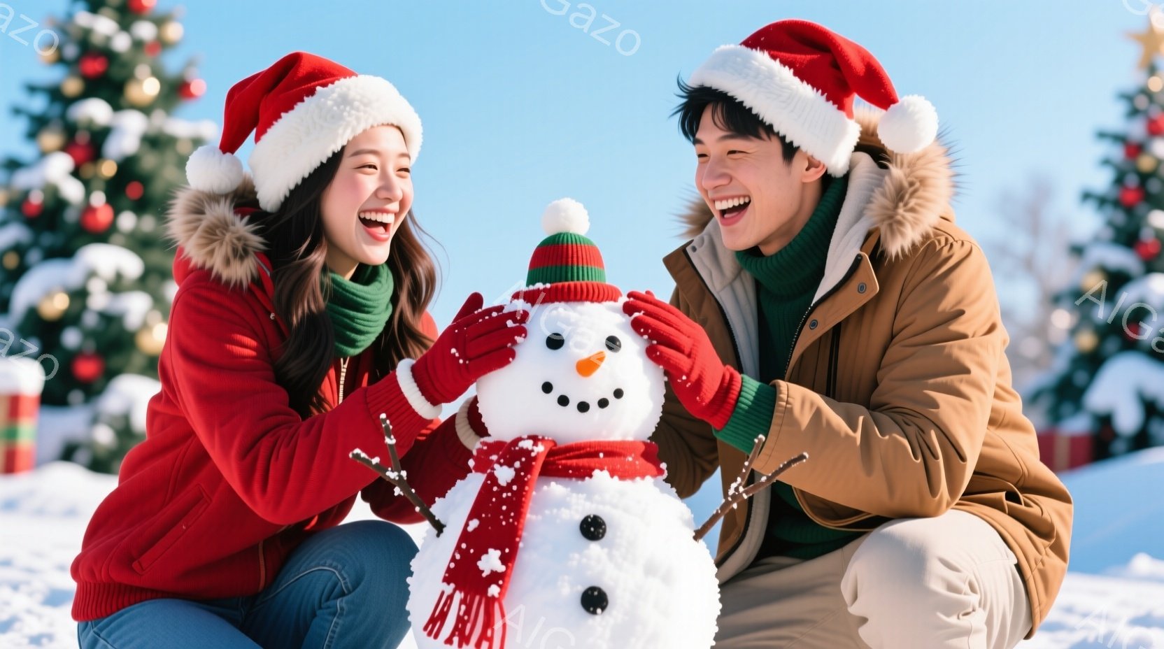二人の若者が雪だるまを作っている様子が描かれています。女性は赤いコートと緑のスカーフを着ており、男性は茶色のジャケットと緑のセーターを着ています。両者はサンタ帽をかぶっており、笑顔で楽しんでいる様子です。背景にはクリスマスツリーが見え、雪が積もった景色が広がっています。