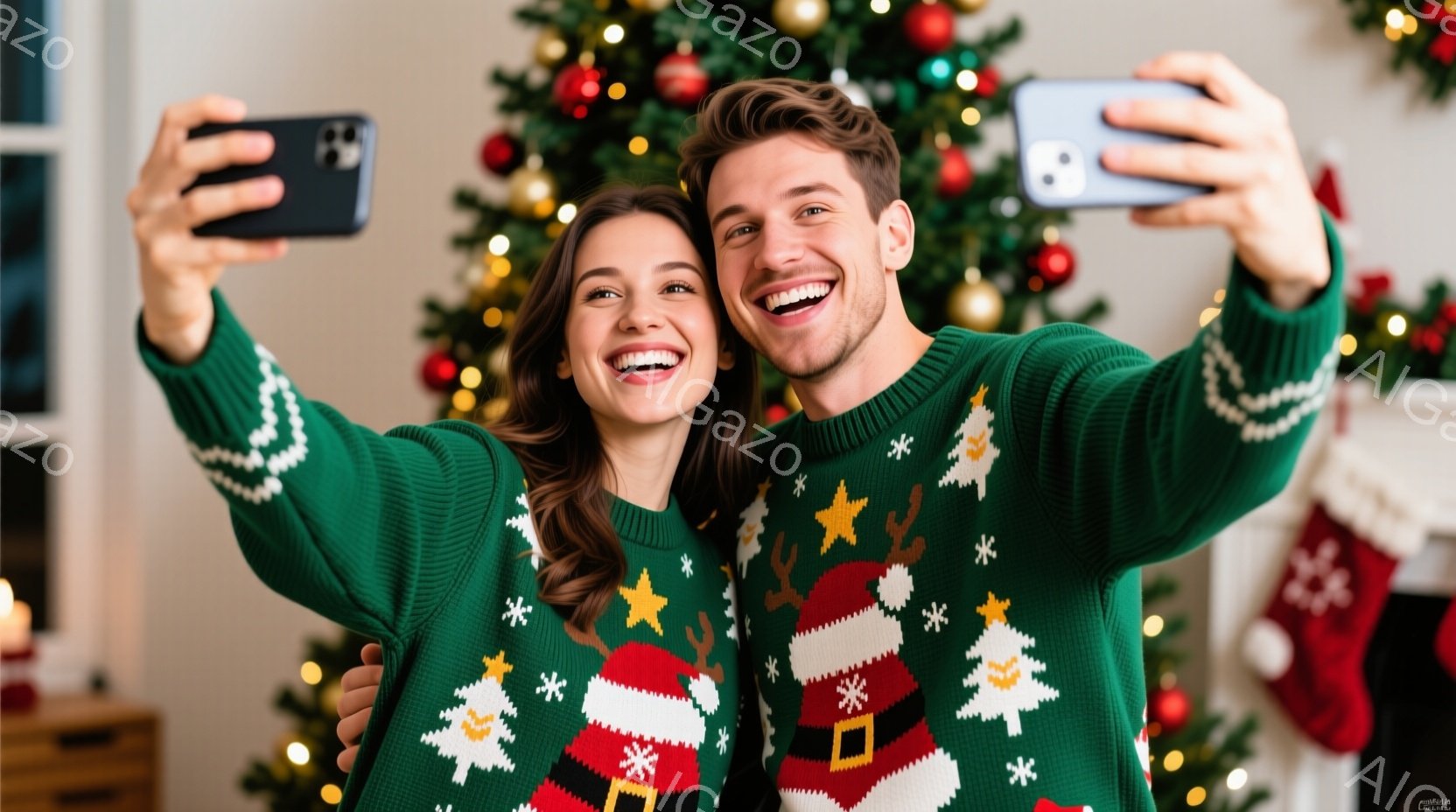 画像には、クリスマスツリーの前でスマートフォンでセルフィーを取っているカップルがいます。男性は緑色のセーターを着ており、女性も同じ色のセーターを着ています。両者は笑顔で、幸せそうにポーズを取っています。背景には装飾されたクリスマスツリーと、暖炉と靴下が飾られた壁が見えます。