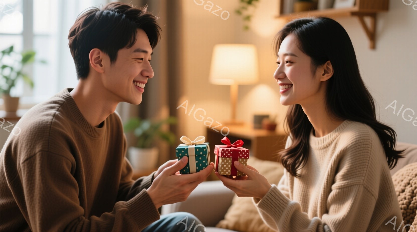 二人の若者が、お互いに小さなプレゼントを手渡している様子が描かれています。男性は茶色のセーターを着ており、女性はベージュのセーターを着ています。両者は笑顔で、互いにプレゼントを渡す動作をしています。背景には窓と植物があり、室内の明るい雰囲気が感じられます。