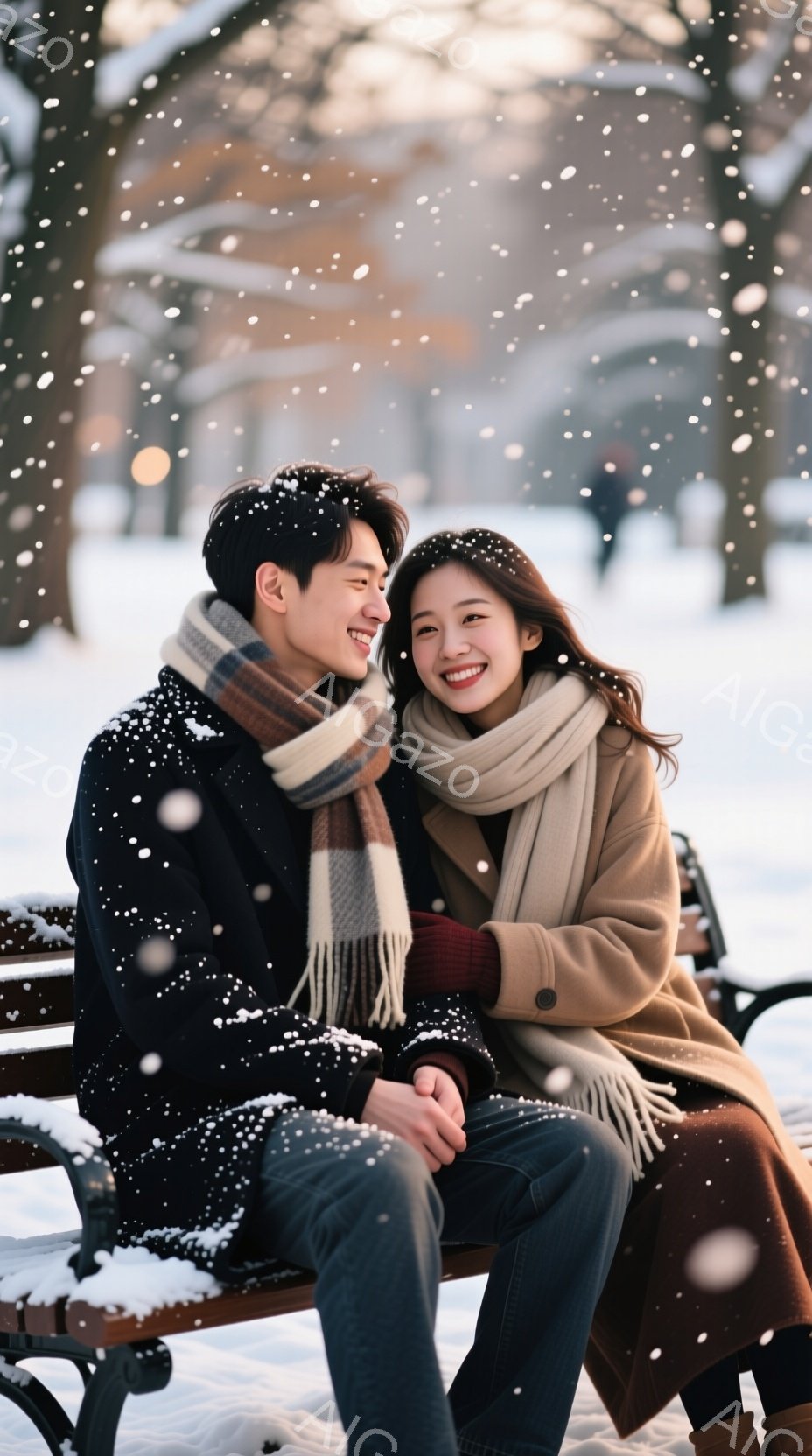 雪が降る公園のベンチに座っているカップルが描かれています。男性は黒いコートにチェック柄のスカーフを着用し、女性はベージュのコートに白いスカーフを身にまとい、お互いを微笑んで見つめています。背景には雪に覆われた木々と建物があり、雪が降っている様子が描かれています。