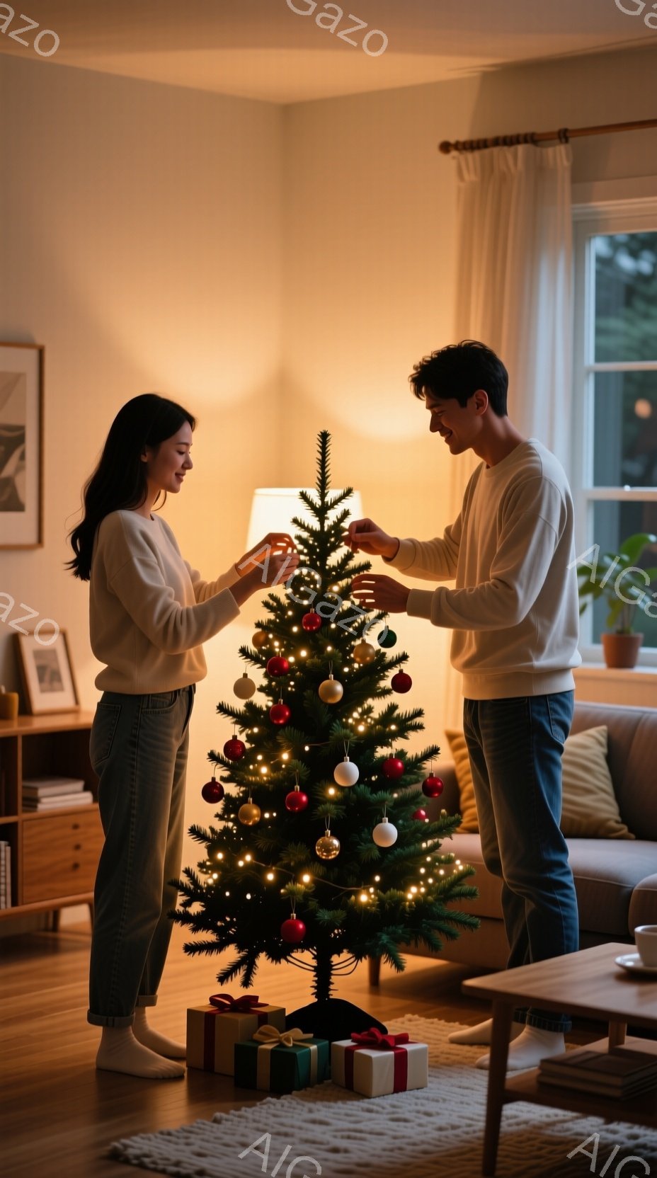 二人のカップルがクリスマスツリーの飾り付けをしている様子が描かれています。女性は長い黒髪で、白いセーターとグリーンのジーンズを着ており、男性は黒髪で、白いセーターと青いジーンズを着ています。二人とも笑顔で、ツリーの上に飾りをつけています。部屋は暖かい照明で照らされ、背景には窓とカーテン、そしてソファが見えます。